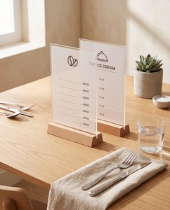 A4 Size Vertical Acrylic Sign Holders Wooden Base Clear Countertop Advertising Display Stands Desktop Elegant Design Laser - Product Image 4