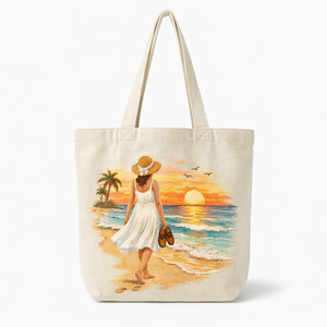 Bolsa de Playa de Lona al por Mayor con Estampado de Mujer al Atardecer, Bolsa de Compras Casual de Gran Tamaño con Asa para el Hombro, para Viajes y Uso en la Playa - Product Image 1