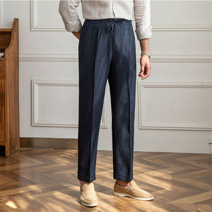 Nouveau pantalon long d'été pour homme 100 % lin, coupe droite légère, polyvalent, avec cordon de serrage, respirant et taille élastique - Product Image 4