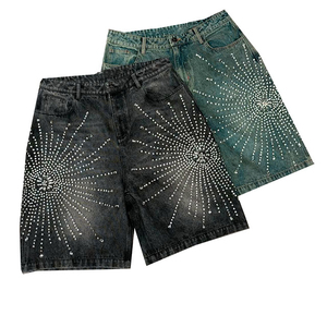 Pantalones Cortos de Mezclilla Personalizados para Hombre, Estilo Hip Hop, Desgastados, Vintage, Lavado Ácido, con Pedrería, de Alta Calidad - Product Image 4