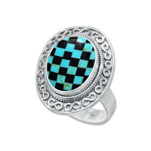 Handmade Checkerboard Turquoise Sterling <b>Silver</b> Bezel Setting Checkered <b>Adjustable</b> Statement <b>Ring</b> for Women Wedding Party - Product Image 4