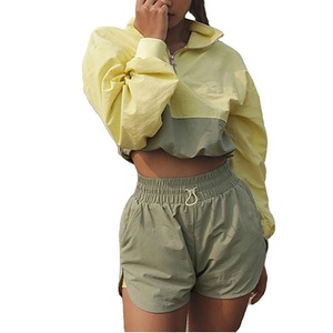 Custom Oem Hoodies Gym Wear <b>Half</b> <b>Zip</b> Pullover Tracksuit Jogging Women Crop Top Windbreaker <b>Jacket</b> Two Piece Pants Set - Product Image 1