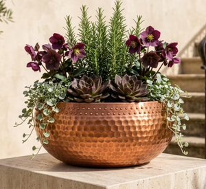 Handmade Rustic Metal Planter Round Copper <b>Vase</b> For Tabletop Floral Display Dotted border metal planter ornamental beaded edge - Product Image 6