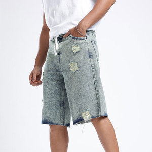 Shorts Bermuda en jean délavé déchiré pour homme, style streetwear, taille mi-haute, coton tissé, avec cordon de serrage, décontracté, vente en gros - Product Image 4