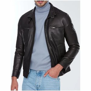 Veste moto en cuir véritable pour homme, col montant, fermeture éclair, coupe classique, pour l'automne, couleur noire unie - Product Image 5
