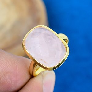 Natural Rose Quartz Gemstone Cushion Shaped <b>Ring</b> 18k Gold Micron Over 925 Sterling <b>Silver</b> - Product Image 1