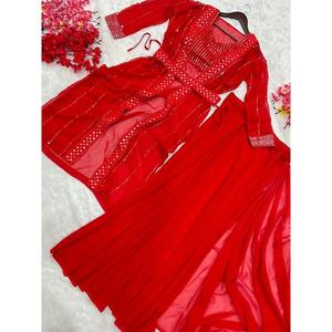 Sari de Diseño con Bordado de Georgette y Lentejuelas, Listo para Usar, con Blusa Cosida y Koti Rojo, Ecológico - Product Image 6