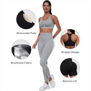 Conjunto deportivo de 3 piezas transpirable y moldeador de glúteos con estampado personalizado para mujer, conjunto de yoga con espalda cruzada para fitness. - Product Image 3