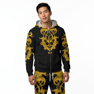 Ensemble de survêtement unisexe noir et or imprimé, sweat à capuche zippé et pantalon de jogging, tenue décontractée d'automne, coupe classique, 100 % polyester, impression par sublimation - Product Image 4