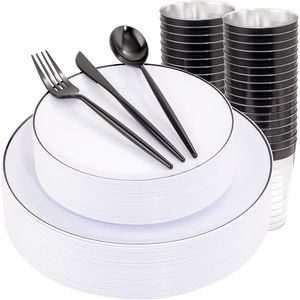Ensemble de vaisselle en plastique blanc EI 180 pièces comprenant des couverts jetables noirs, des assiettes à dîner et à dessert, des décorations de table pour fête - Product Image 1