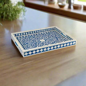 Plateau décoratif traditionnel indien à motifs floraux en os naturel incrusté pour cadeaux de mariage, service de thé et de café, plats et assiettes - Product Image 4