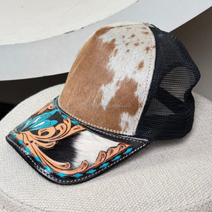 Chapeau de camionneur en cuir de vachette fabriqué à la main avec bord en cuir repoussé à la main Casquette en maille réglable de style occidental - Product Image 4
