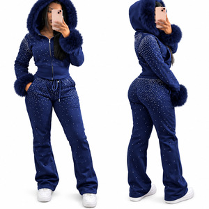 High Quality Women Faux Fur Trim Cropped Zip Hoodie Flare Pants 2 Piece Set <b>Y2K</b> Winter Athleisure <b>Tracksuit</b> - Product Image 4