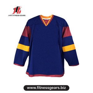 Jersey de Hockey sobre Hielo con Cuello en V para Hombre, Manga Larga, Azul, Rojo y Amarillo a Rayas, Poliéster, Absorbe la Humedad, Corte Regular para Adultos - Product Image 1