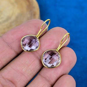 Boucles d'oreilles en améthyste rose naturelle, forme coussin, pierre précieuse, finition or 18 carats sur argent sterling 925 - Product Image 3
