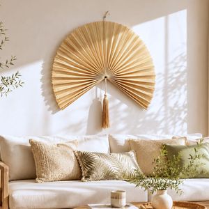 Bamboo Wall Fan Decor, Handmade Natural Boho Wall Hanging with Tassel, <b>Large</b> Wall <b>Art</b> for Bedroom, Wedding & Home Decor - Product Image 4