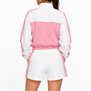 Ensemble sportif 2 pièces pour femme, rose et blanc, avec short et veste coupe-vent à manches longues et col montant, respirant, printemps-été - Product Image 2