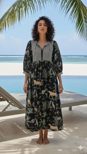 Vestido midi de algodón hecho a mano con estampado de tigre y mangas abullonadas - Product Image 1