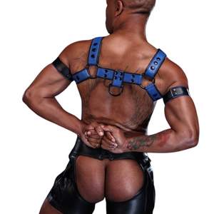 Harnais en fausse fourrure Bulldog Dark Room pour homme, bleu, avec sangles de poitrine réglables, tenue de club haut de gamme, costume sexy en dentelle - Product Image 4