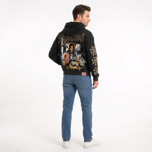 Sudadera con capucha negra con cremallera para hombre, estampado Chucky, corte regular oversize, estilo urbano, de algodón y felpa, para otoño, 2 piezas - Product Image 5