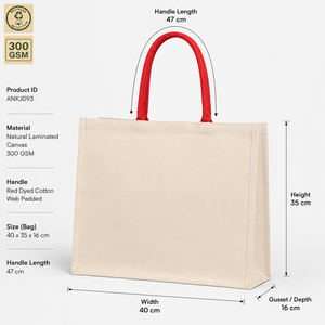 กระเป๋าผ้าแคนวาสโพลีคอตตอนรีไซเคิลเคลือบ 300GSM สีธรรมชาติ ขนาด 40x35x16 ซม. หูหิ้วสีแดง รับทำโลโก้ตามสั่ง ขายส่ง สำหรับโปรโมชั่น รับผลิตแบบ OEM ODM ธุรกิจ B2B - Product Image 5