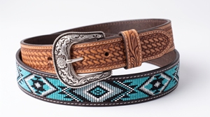 Ceinture de cowboy vintage en cuir véritable sur mesure OEM, faite à la main, avec tressage en corbeille, perles turquoise et boucle en acier gravée - Product Image 4
