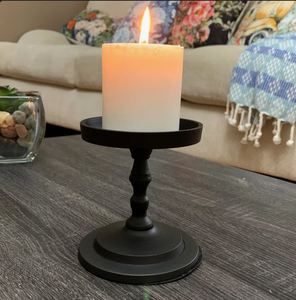 Elegant <b>Black</b> Iron Pedestal <b>Candle</b> Stand Decorative Round Metal Pillar Plate Tray for Wedding Reception and Dining Tabletop - Product Image 1
