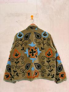 Luxury Women's Khaki <b>Velvet</b> Embroidered Suzani <b>Jacket</b> with Floral Pattern Full Sleeve Stand Collar Handmade Boho Autumn Coat - Product Image 6