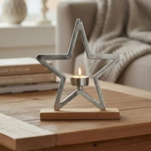 Décoration de Noël, porte-bougie en forme d'étoile, décoration de maison pour les fêtes, porte-bougie en métal en forme d'étoile de Noël avec base en bois de mangue - Product Image 2