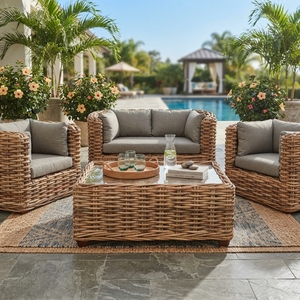Outdoor <b>Rattan</b> Woven <b>Sofa</b> Set Mahogany Wood Frame Half Cl Natural <b>Rattan</b> Daphnie Cushion Glass Coffee Table Setup Art Design - Product Image 2