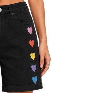 Shorts de Mezclilla para Mujer con Bordado de Corazón Arcoíris Negro, Cintura Alta, Corte Holgado Informal, Dobladillo Enrollado, Algodón, Moda Verano - Product Image 4