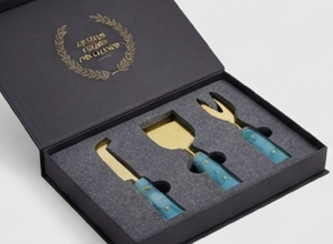 Ensemble de 3 couteaux à fromage plaqués or avec manches en marbre bleu, couverts modernes compatibles lave-vaisselle pour les fêtes et les dîners - Product Image 4