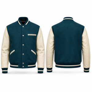 Blouson universitaire classique pour homme en laine bordeaux avec manches en cuir marron, bordure côtelée et petite broderie – Fournisseur en gros - Product Image 6