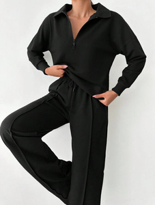<b>Women's</b> <b>Black</b> Half-Zip Long Sleeve Tracksuit Solid Color Loose Fit Casual Autumn Full Length Drawstring <b>Pants</b> With Side Pockets - Product Image 3