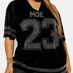 Maillot de football américain surdimensionné de luxe personnalisé pour femme, orné de strass, noir, respirant, à manches courtes, style streetwear, OEM, marque privée - Product Image 1