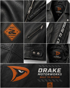 Blouson de moto en cuir noir pour homme Drake Motorworks, style moto, fermeture éclair sur le devant, coupe régulière, coupe-vent, pour l'automne - Product Image 5