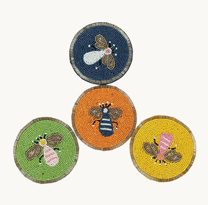 Juego de 4 Posavasos Redondos con Cuentas, Diseño Bohemio con Insectos en Verde, Naranja, Amarillo y Azul, Decoración de Mesa - Product Image 1