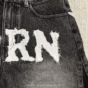 Customized Raw Hem Applique Embroidery Patches Logo Shorts for <b>Men</b> Streetwear Distressed Baggy Black Washed Denim <b>Jeans</b> Shorts - Product Image 6
