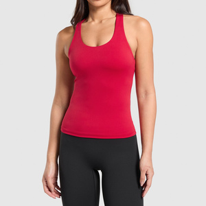 Débardeur rouge pour femme, col rond, couleur unie, tricoté en spandex et polyester, respirant, vêtement de sport, sans manches, longueur normale - Product Image 1