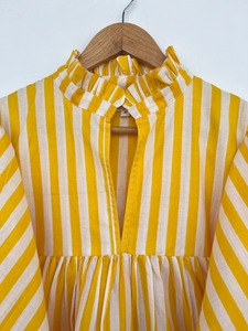 Women Formal Summer Yellow <b>White</b> Striped Print Shirt with Ruffle Neck <b>Balloon</b> Sleeves Gathered Flared Hem Top 100% Cotton - Product Image 2