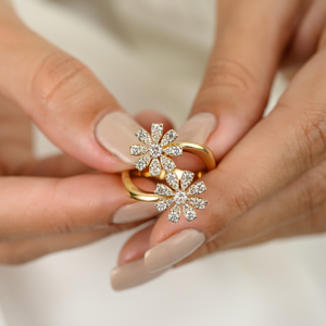 Bague de mode en gros, motif marguerite, en or jaune 14K 18K, avec diamant de laboratoire, bague ouverte ajustable, style statement - Product Image 2