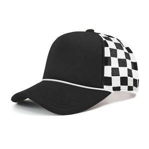 5 Panel Instock Custom logo Women <b>Men</b> Outdoor Sports <b>Cap</b> Rope Foam Mesh Checkered <b>Trucker</b> Hat - Product Image 4