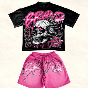 Summer Track Suit Boxy Dtg Crack Screen Print Cropped Acid Wash Vintage Tshirt Shorts Set 2 Piece Short Set Custom Logo - Product Image 1