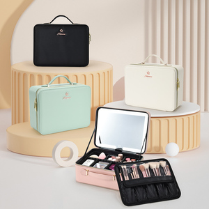 Large <b>Makeup</b> <b>Case</b> with LED Mirror Travel <b>Makeup</b> Bag Leather Cosmetic Bag with Adjustable Dividers Brush Holder - Product Image 2