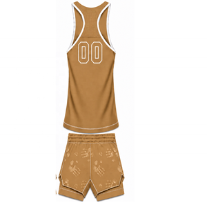 Conjunto de Natación Color Camel, Blanco y Marrón, Camiseta sin Mangas con Espalda Cruzada y Pantalones Cortos a Juego, Ligero, de Secado Rápido, para Entrenamiento y Alto Rendimiento - Product Image 2
