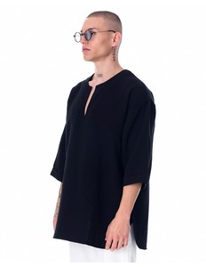T-shirt noir surdimensionné pour homme, manches courtes, col rond, en coton tricoté, couleur unie, longueur longue, style streetwear - Product Image 4