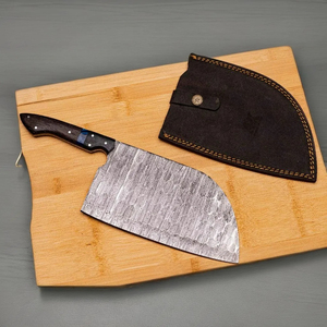 Cuchillo de Chef Burraq OEM Hecho a Mano de Acero de Damasco de Grado Industrial, Cuchillo Multifuncional con Patrón Trenzado, Mango de Madera y Funda de Cuero - Product Image 1
