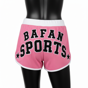 Shorts de poliéster y spandex premium de 240 GSM, color rosa, con paneles de ribete blanco y logotipo bordado. - Product Image 2