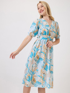 Georgette <b>Summer</b> Midi Dress High Quality Custom Eco-Friendly Natural Waist Elegant Lace Bow <b>Decoration</b> Floral Pattern Short - Product Image 4