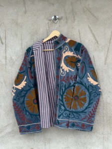 One Size Unisex <b>Velvet</b> Suzani Bomber Jacket Full Sleeve Handmade Floral Embroidered Soft Cotton Reversible Eco-Friendly - Product Image 2